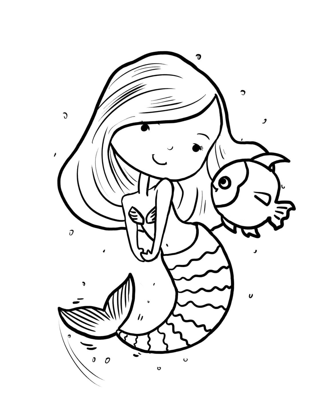 Ausmalbild - Kleine Meerjungfrau mit Fisch