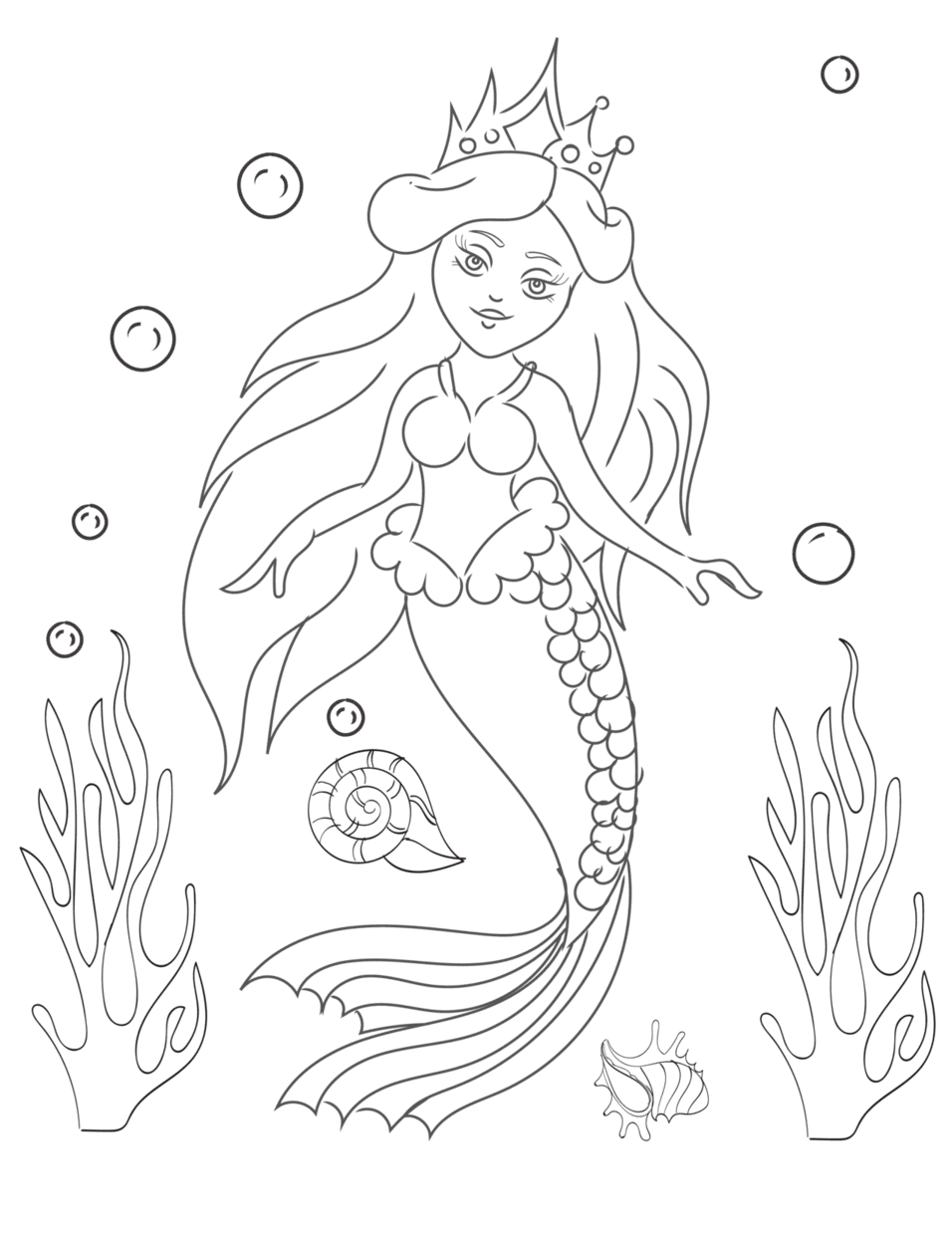Ausmalbild - Meerjungfrau mit Krone